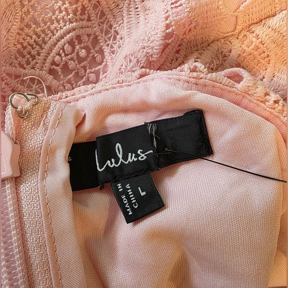 Lulus Divine Beauty Blush Pink Lace Midi Dress With Pockets, Size Large NWT